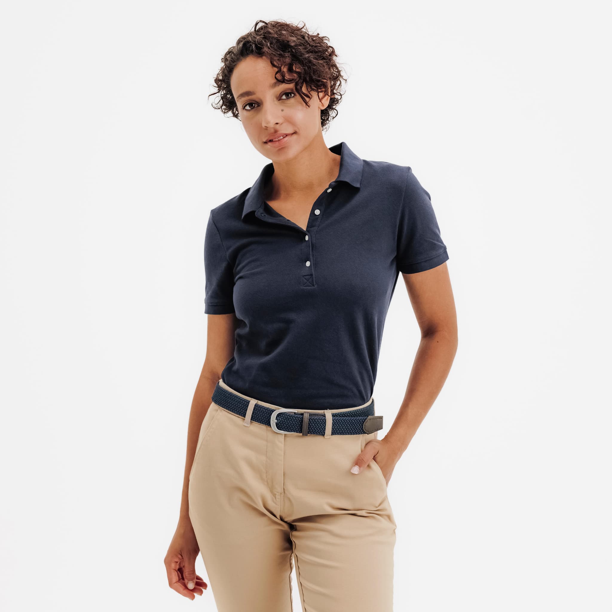 1: Polo de golf de algodón y poliéster manga corta mujer, MW500 azul marino